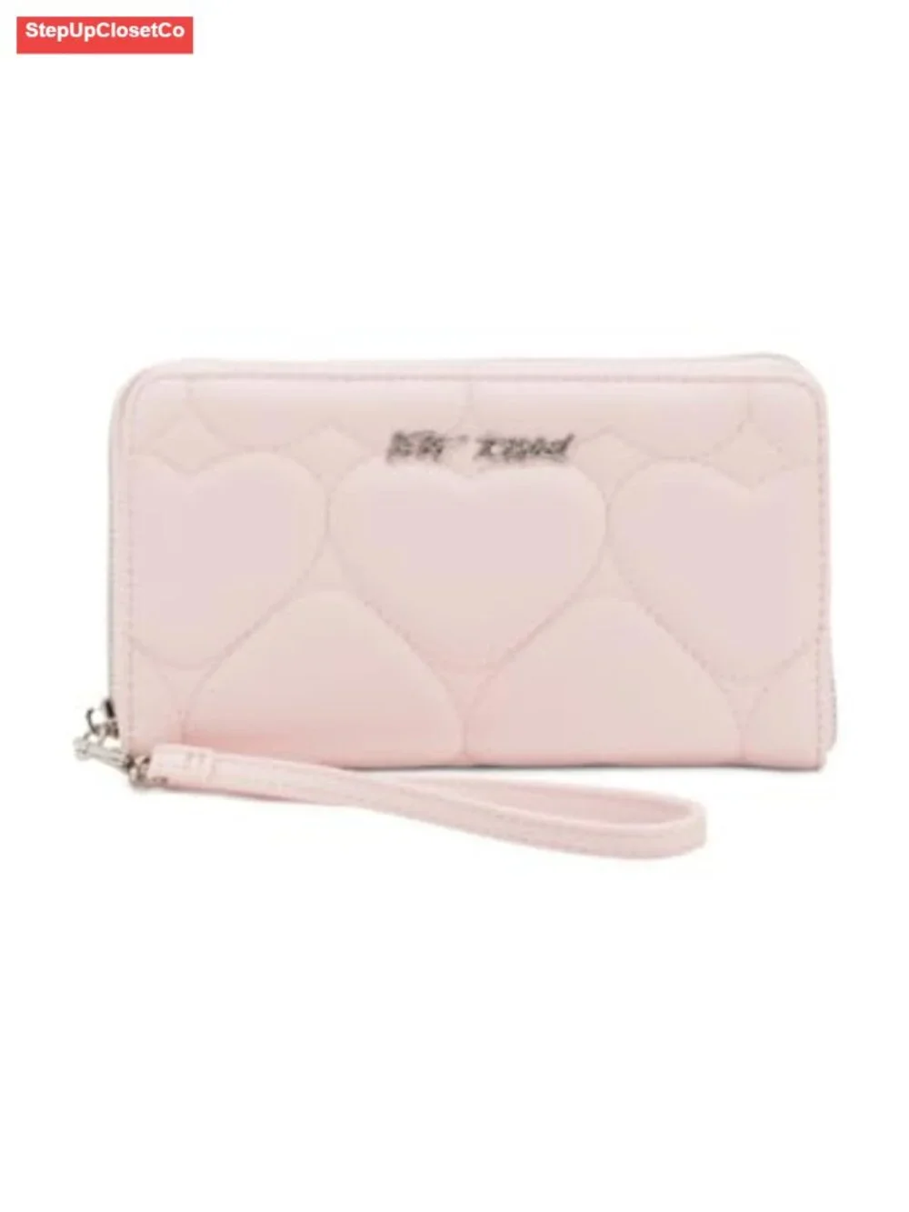 Quilted Heart Zip Around Wallet with Wristlet Strap Faux Leather